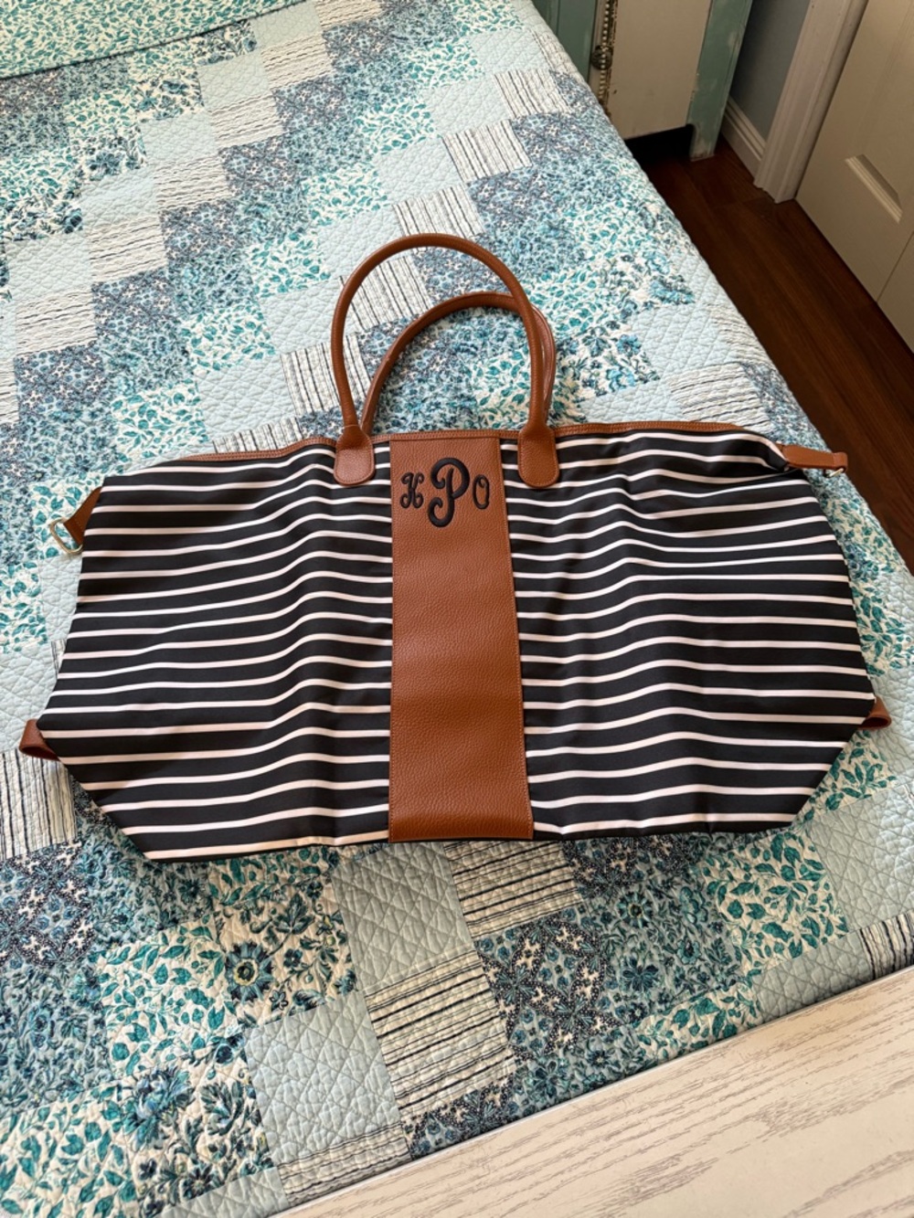 Striped Black & White Duffel with Brown Trim - Monogram Accent